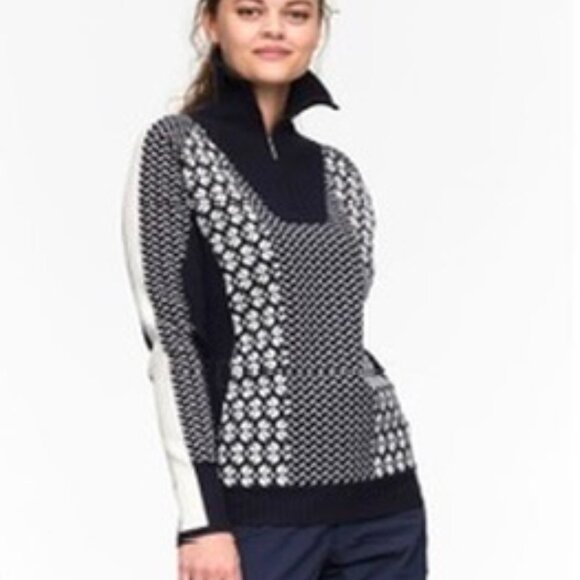KARI TRAA Smekker Navy White Knit Long Sleeve Zip Turtleneck Sweater Small - Picture 2 of 14